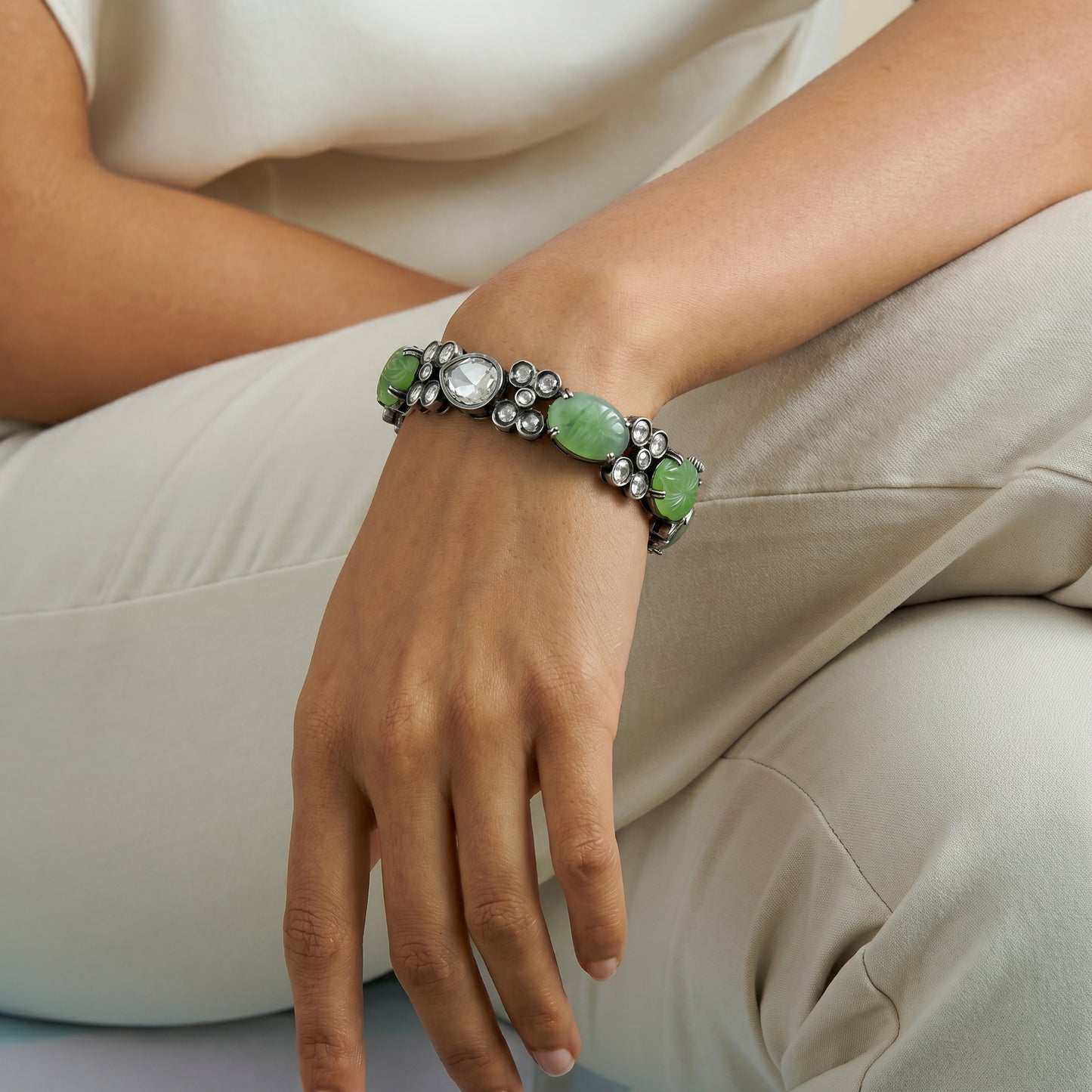 Jade Carved Polki Floral Oxidised Silver Bracelet