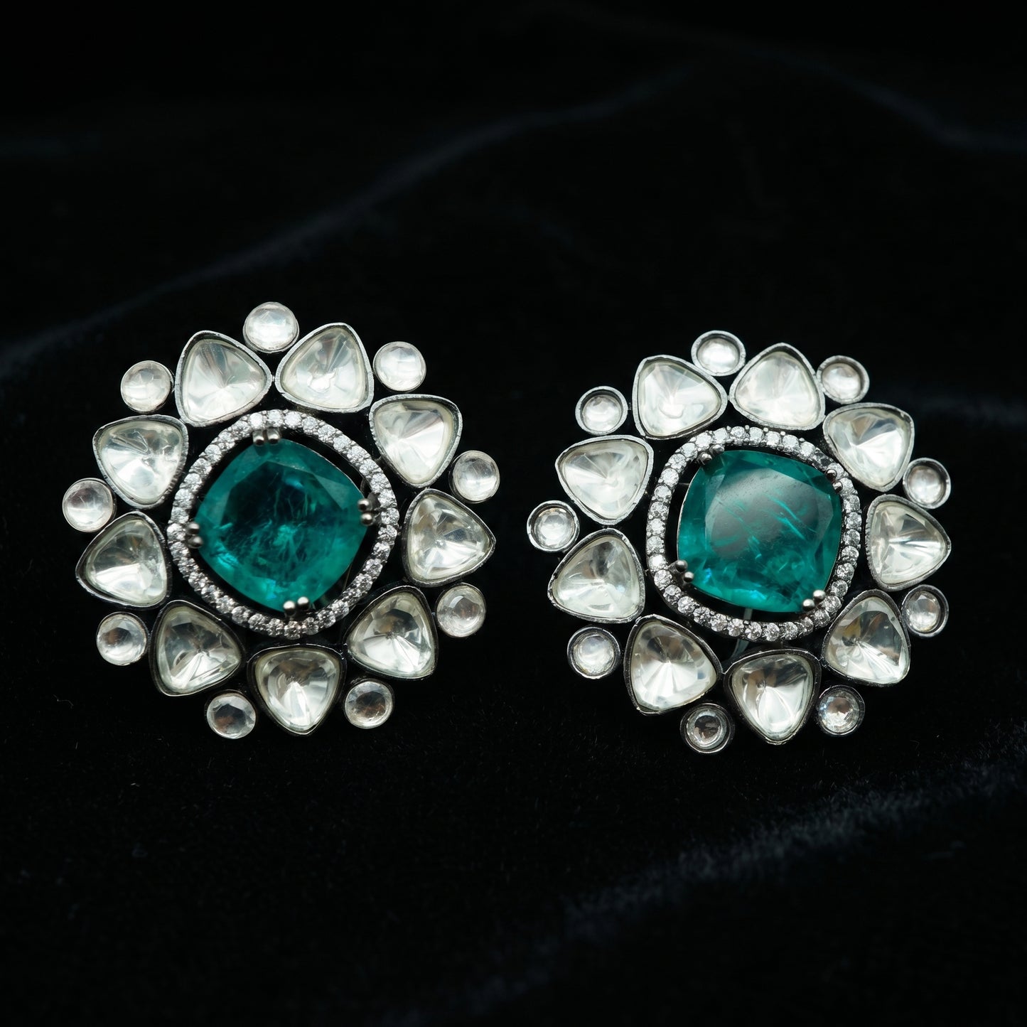 Cushion Emerald Polki Diamond Silver Stud Earrings