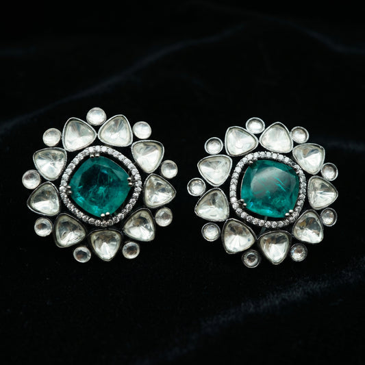 Cushion Emerald Polki Diamond Silver Stud Earrings