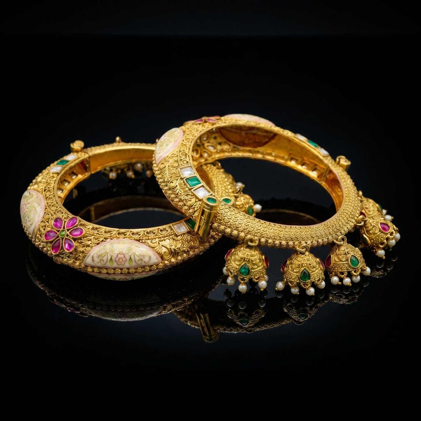 Meenakari Enamel Jhumka Charm Antique Gold Bangles