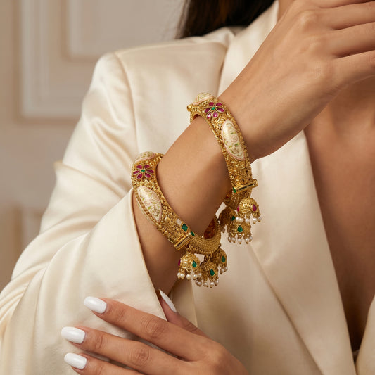 Meenakari Enamel Jhumka Charm Antique Gold Bangles