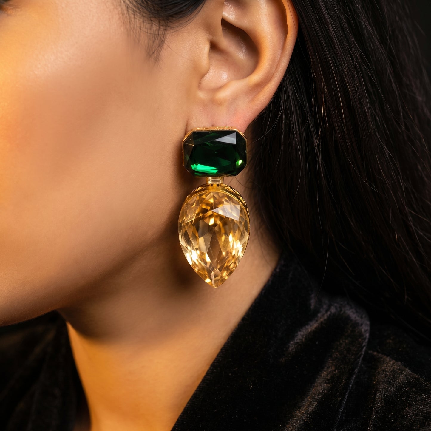 Emerald Citrine Teardrop Gold Drop Earrings