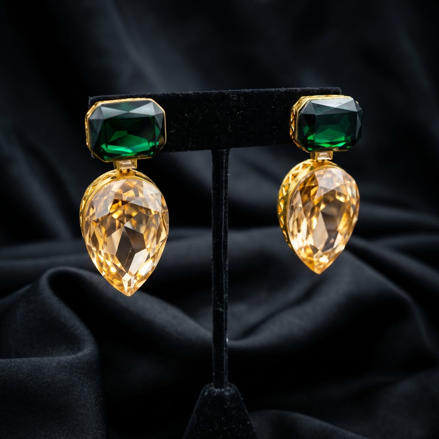 Emerald Citrine Teardrop Gold Drop Earrings