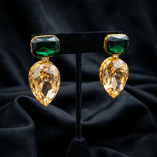 Emerald Citrine Teardrop Gold Drop Earrings