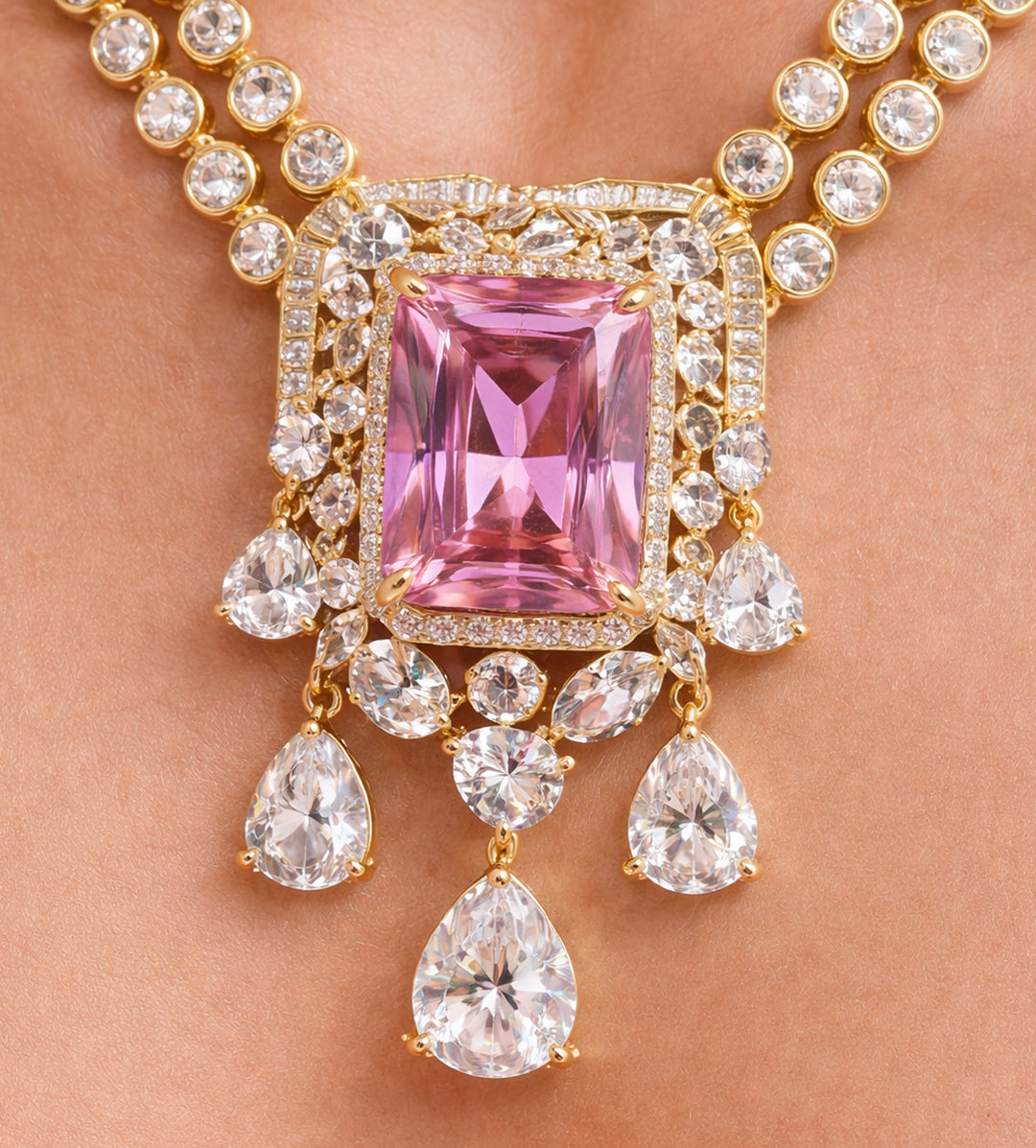 High-end Cubic Zirconia  Regal Pink Crystal Double Strand Necklace & Earrings Set