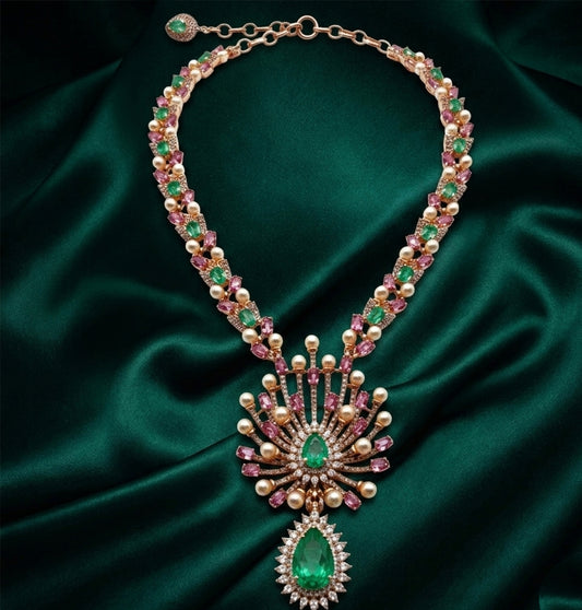 Emerald Radiance Pearl Burst Necklace & Earrings Set