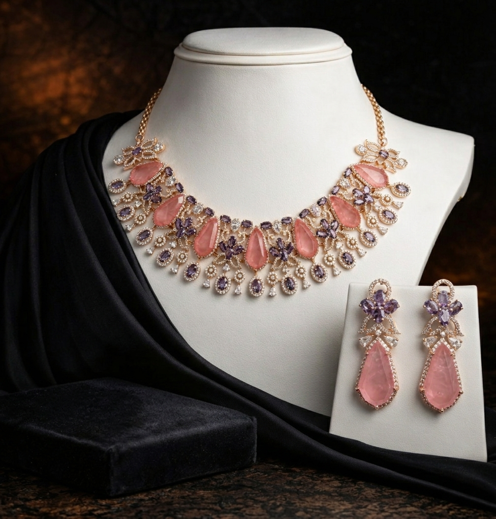 Premium Moissanite & Pink Quartz-Tone Set
