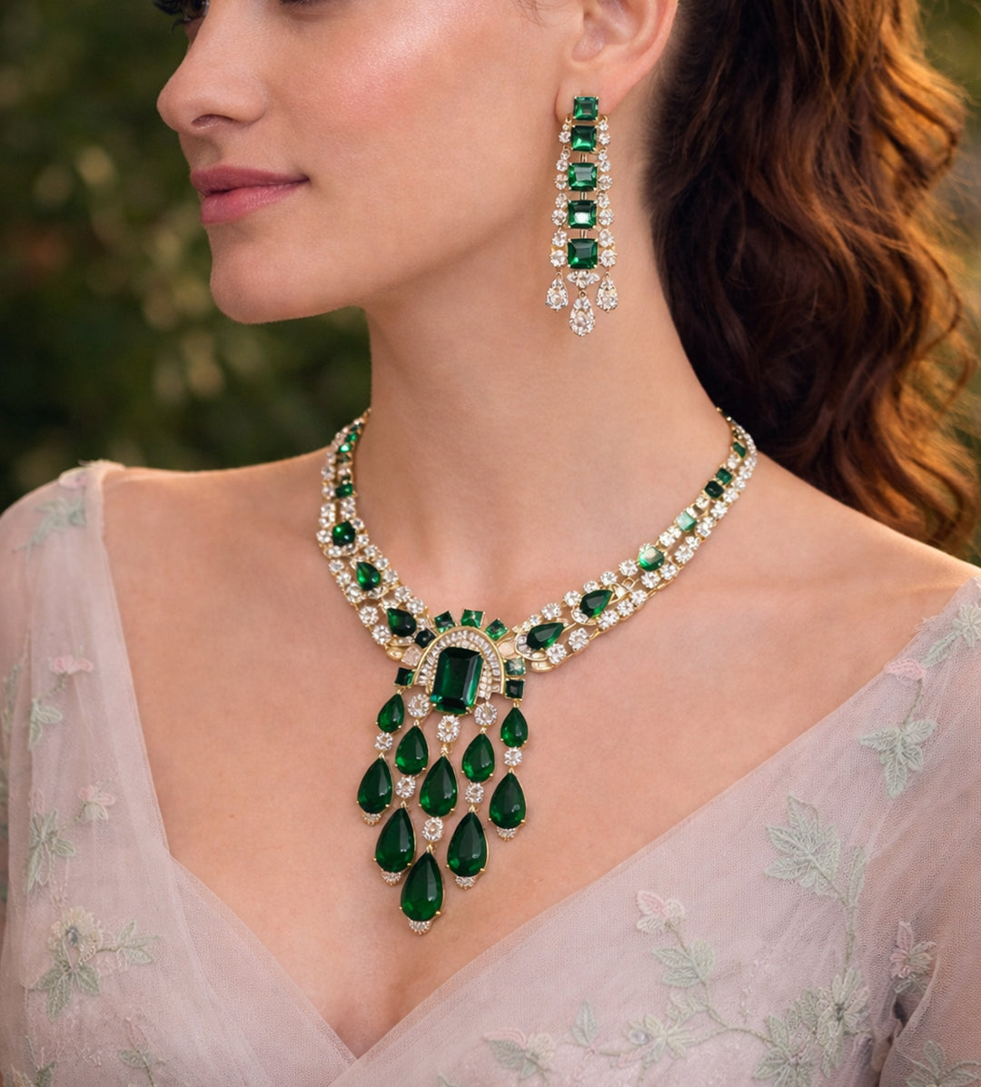 Imperial Emerald Cascade Necklace & Earrings Set