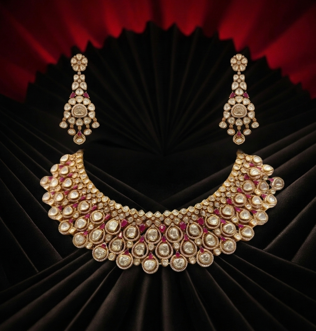 22 C GOLD PLATING Royal Polki Noor Maang Tikka & Earrings Set