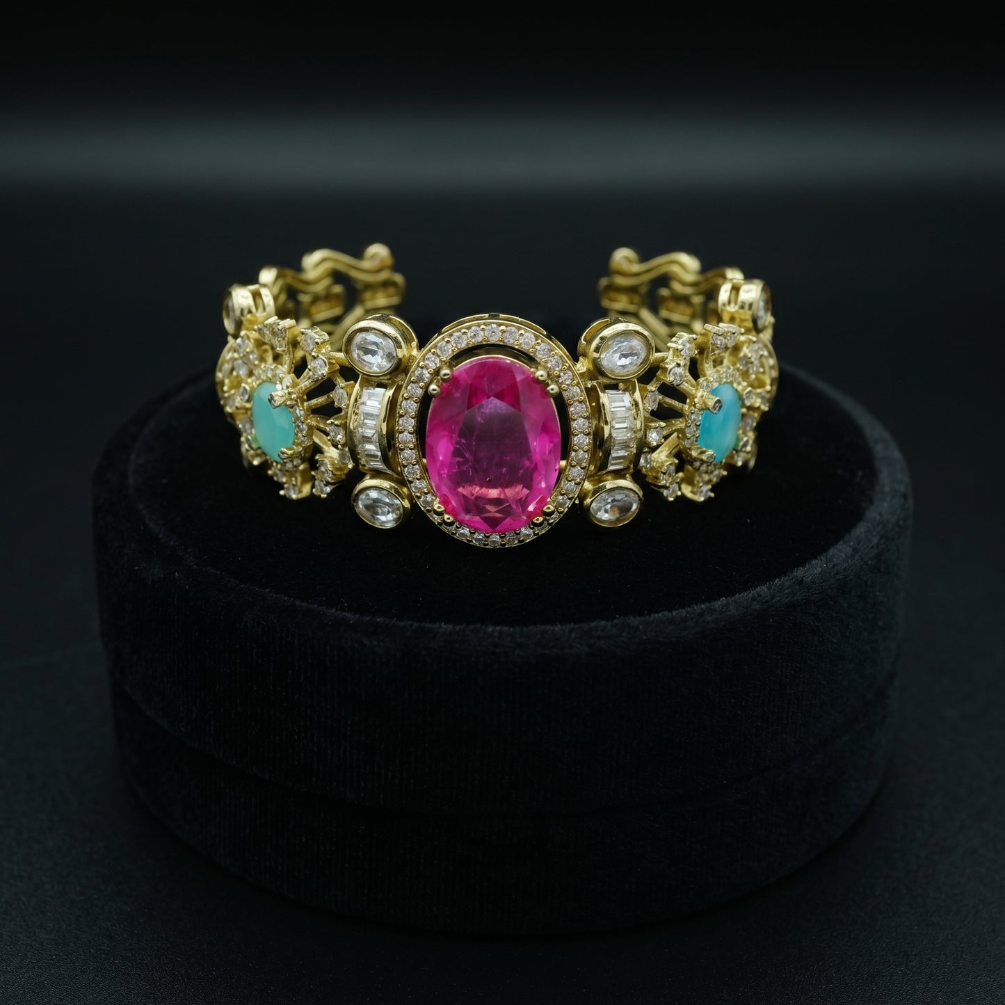 Pink Tourmaline Turquoise Diamond Halo Gold Bracelet