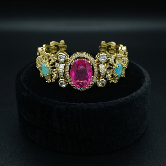 Pink Tourmaline Turquoise Diamond Halo Gold Bracelet