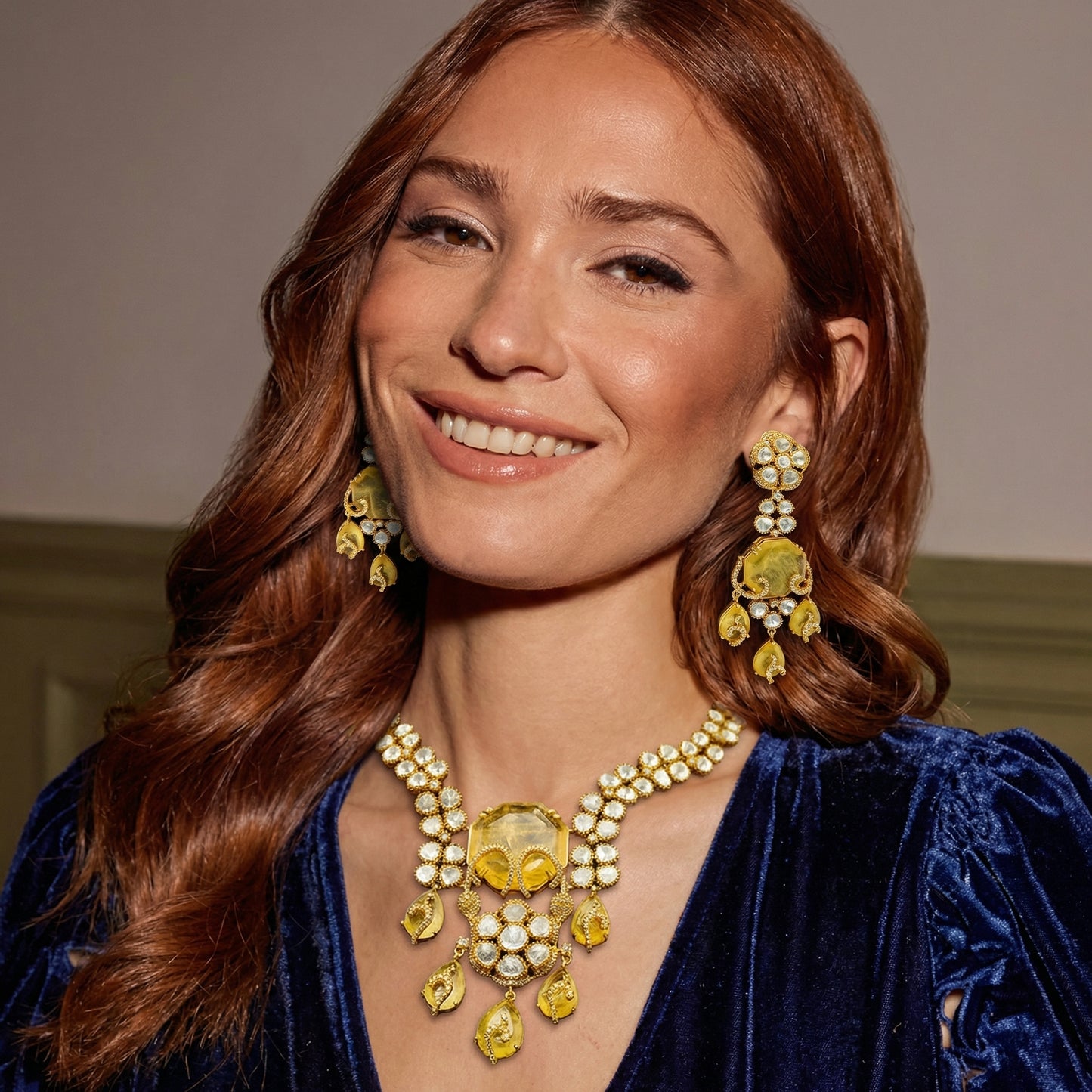 Golden Citrine Polki Floral Jewellery Set