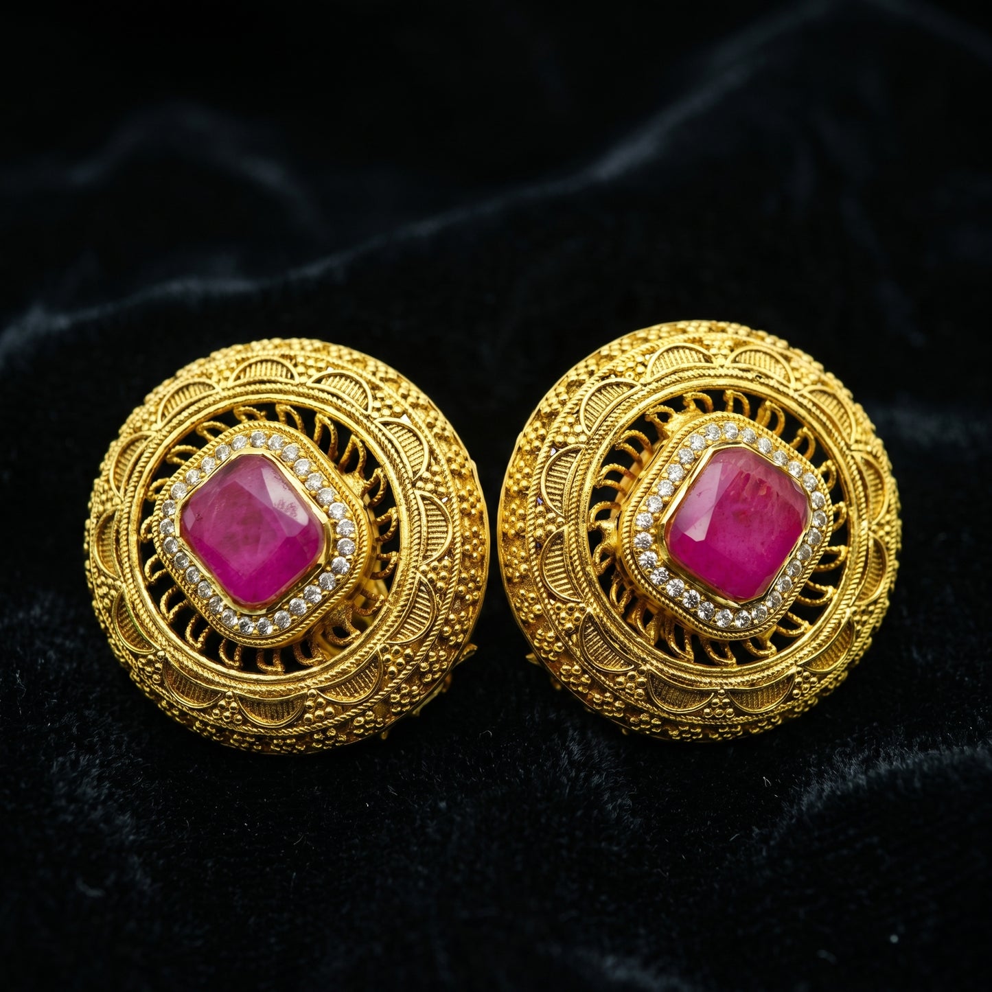 Ruby Diamond Filigree Gold Studs