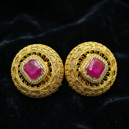 Ruby Diamond Filigree Gold Studs