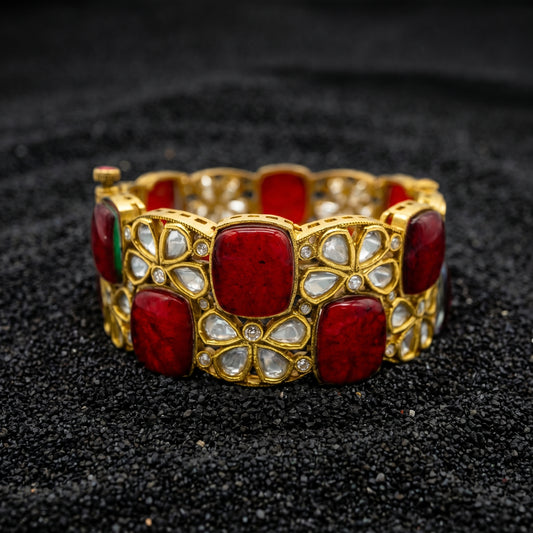 Red Coral Polki Floral Gold Bangles