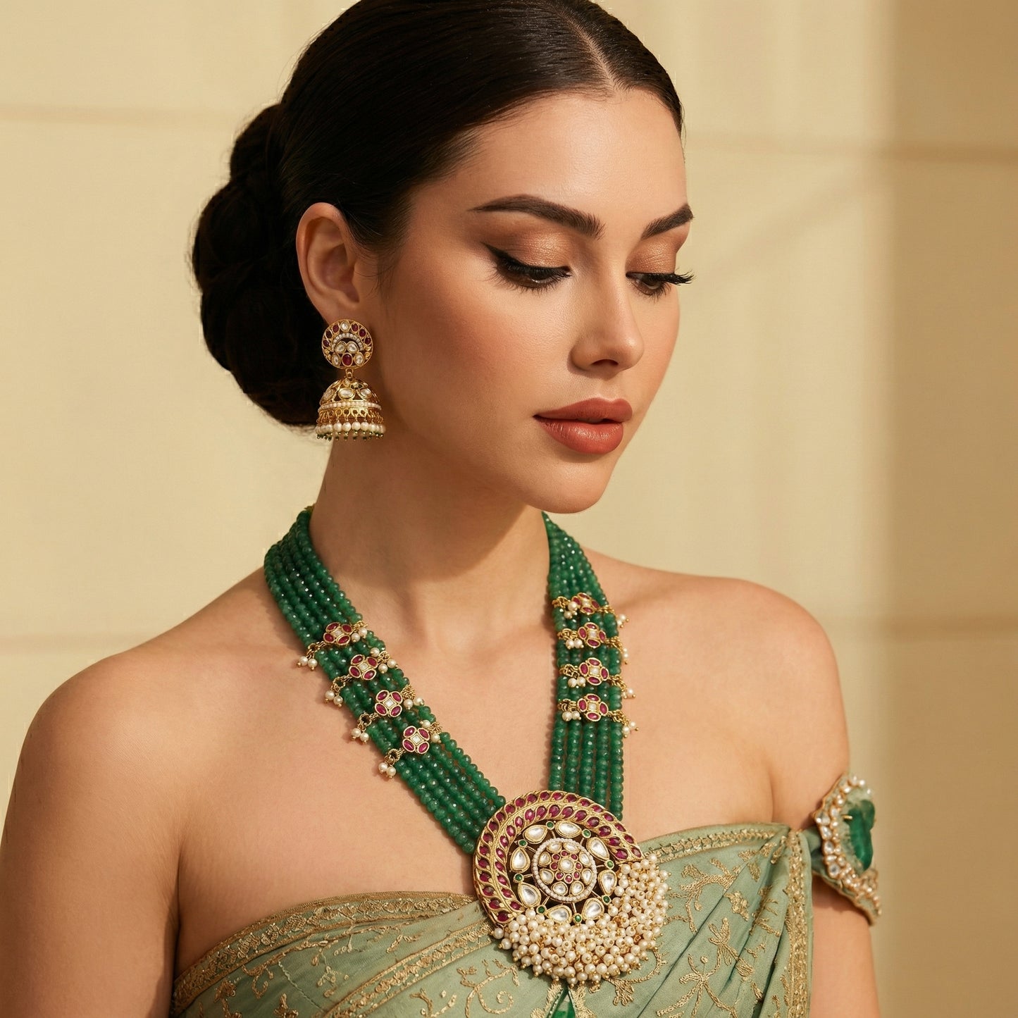 Emerald Bead Pearl Medallion Heritage Set