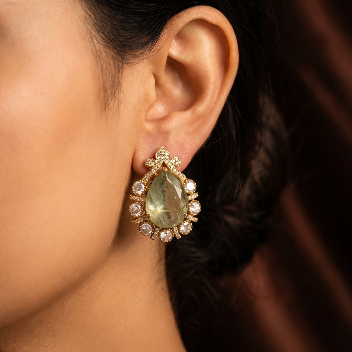 Emerald Pear Diamond Gold Studs