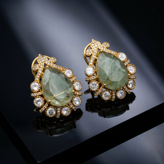 Emerald Pear Diamond Gold Studs
