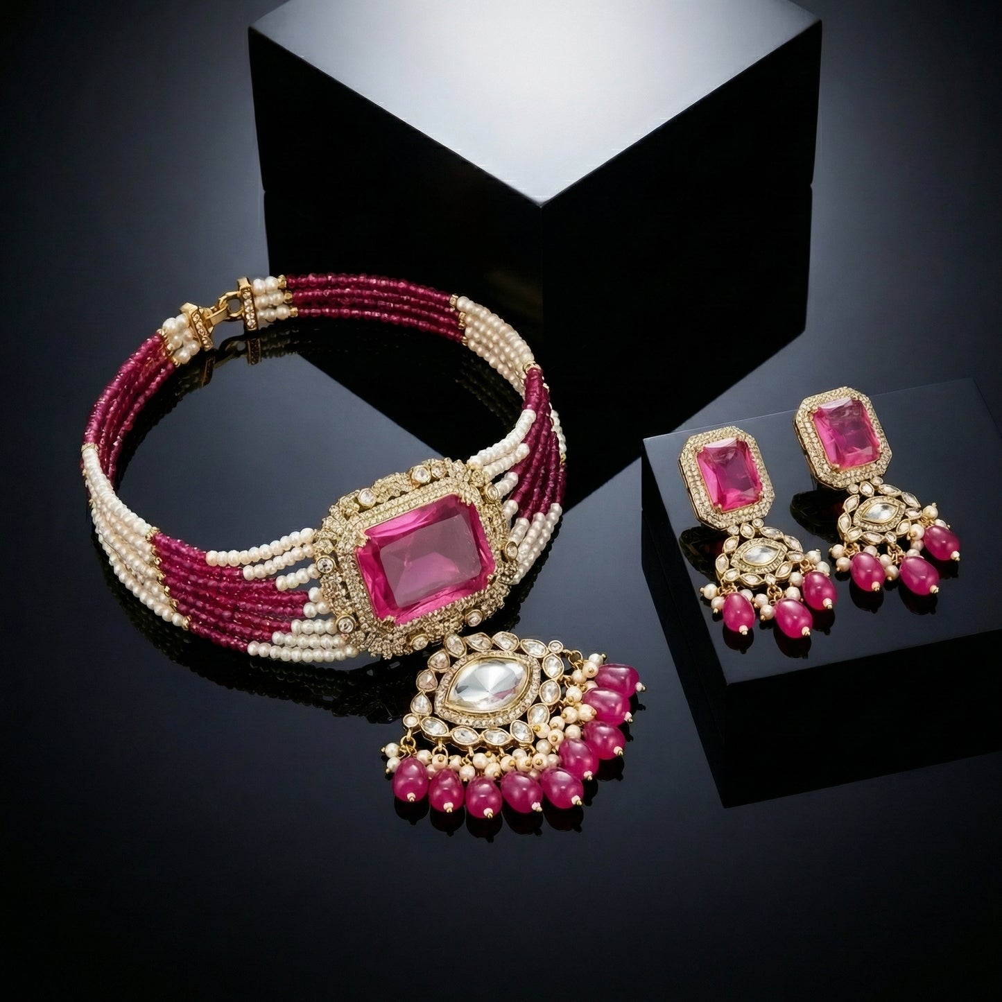 Fuchsia Ruby Pearl Polki Regal Choker Set