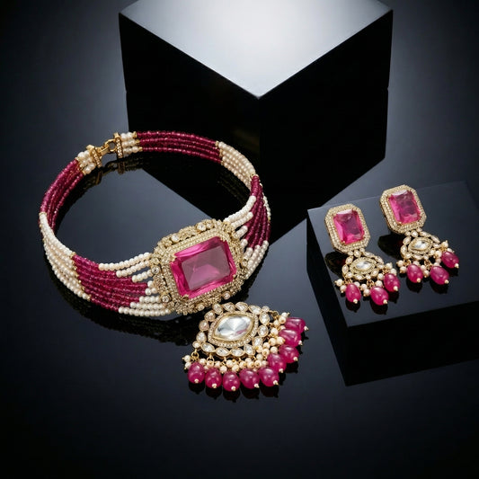 Fuchsia Ruby Pearl Polki Regal Choker Set