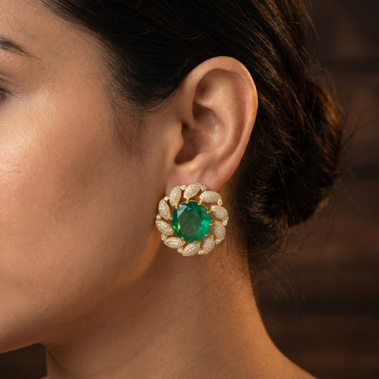 Emerald Diamond Leaf Halo Gold Studs
