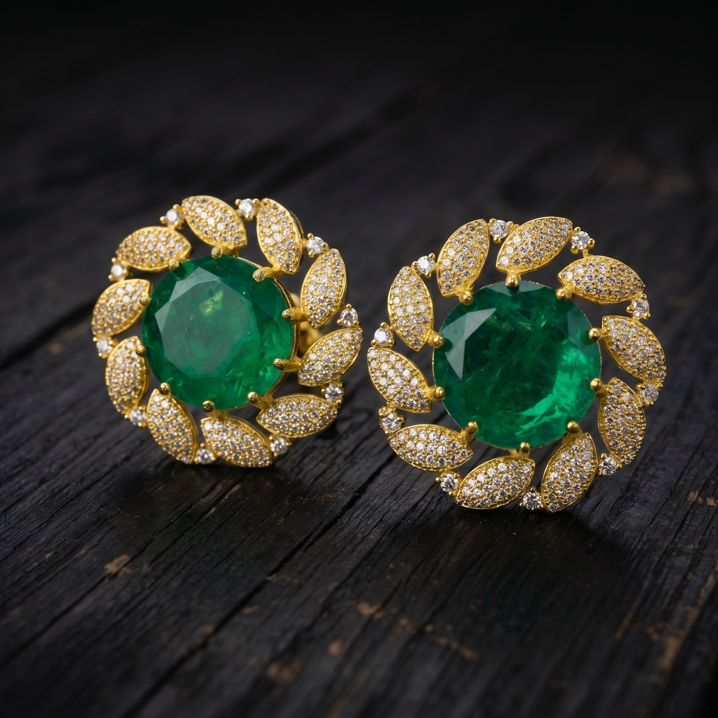 Emerald Diamond Leaf Halo Gold Studs