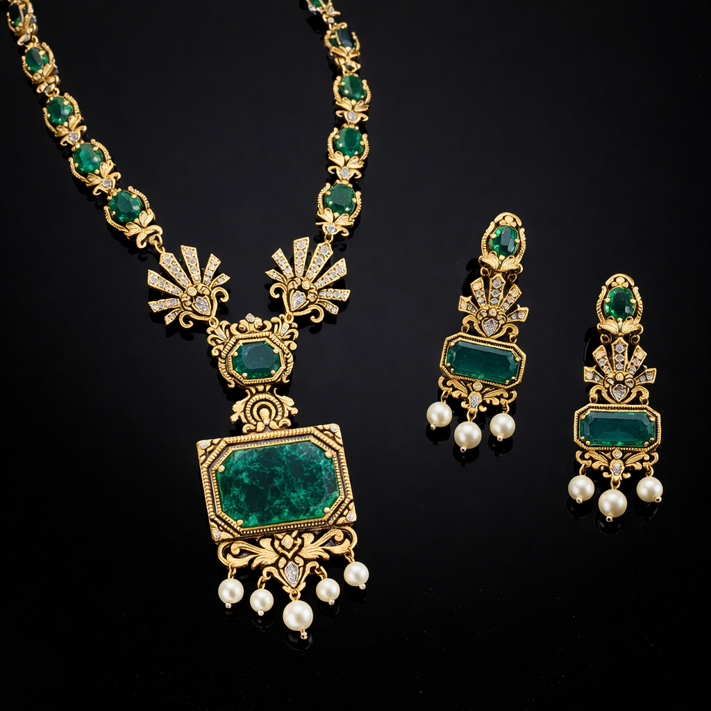 Antique Emerald Baroque Pearl Treasure Mala Set