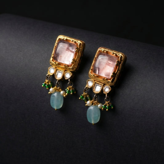 Rose Quartz Aquamarine Polki Gold Earrings
