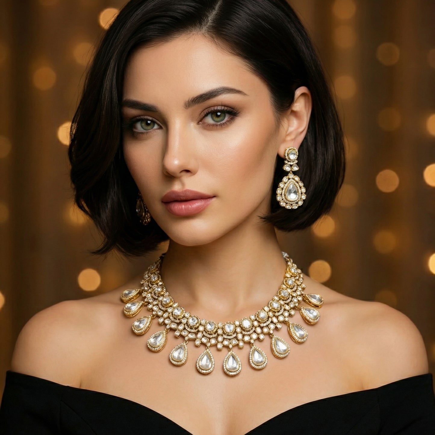 22 C GOLD PLATING Pure Polki Teardrop Fringe Bridal Set