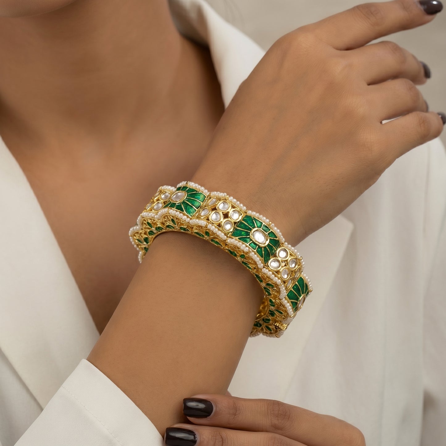 Emerald Meenakari Polki Seed Pearl Gold Bracelet