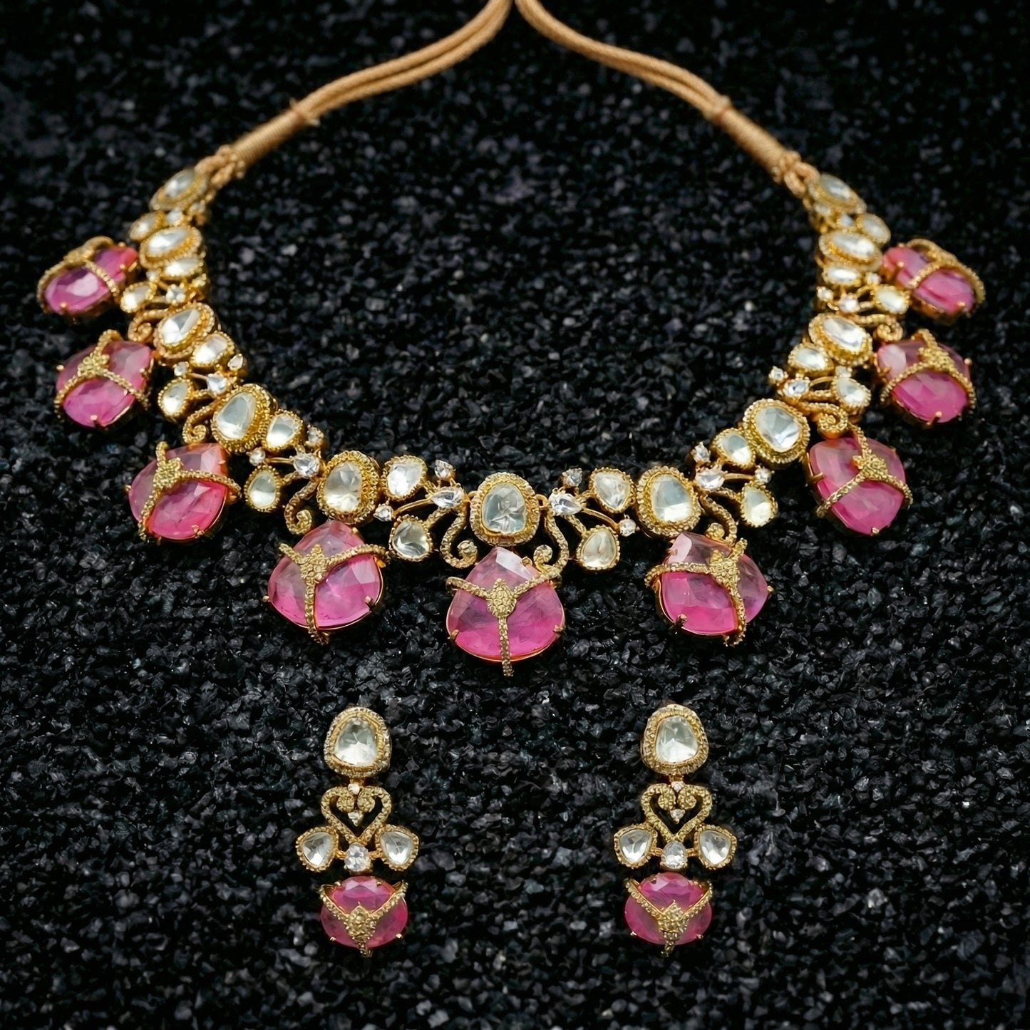 Pink Ruby Polki Vine Solitaire Set