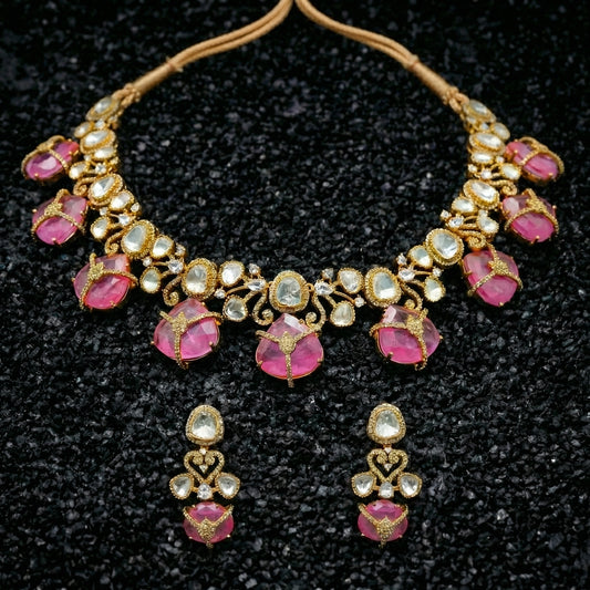 Pink Ruby Polki Vine Solitaire Set