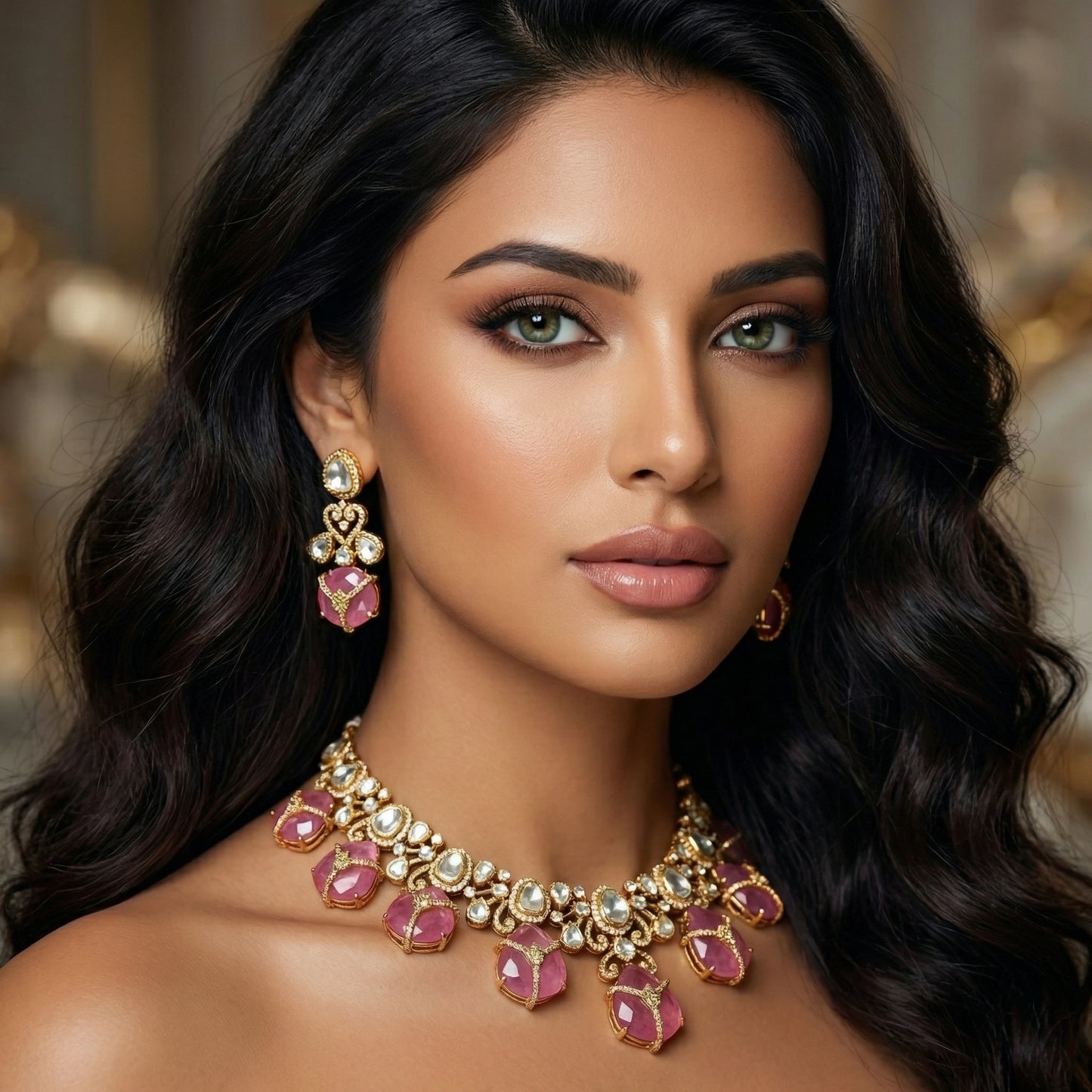 Pink Ruby Polki Vine Solitaire Set