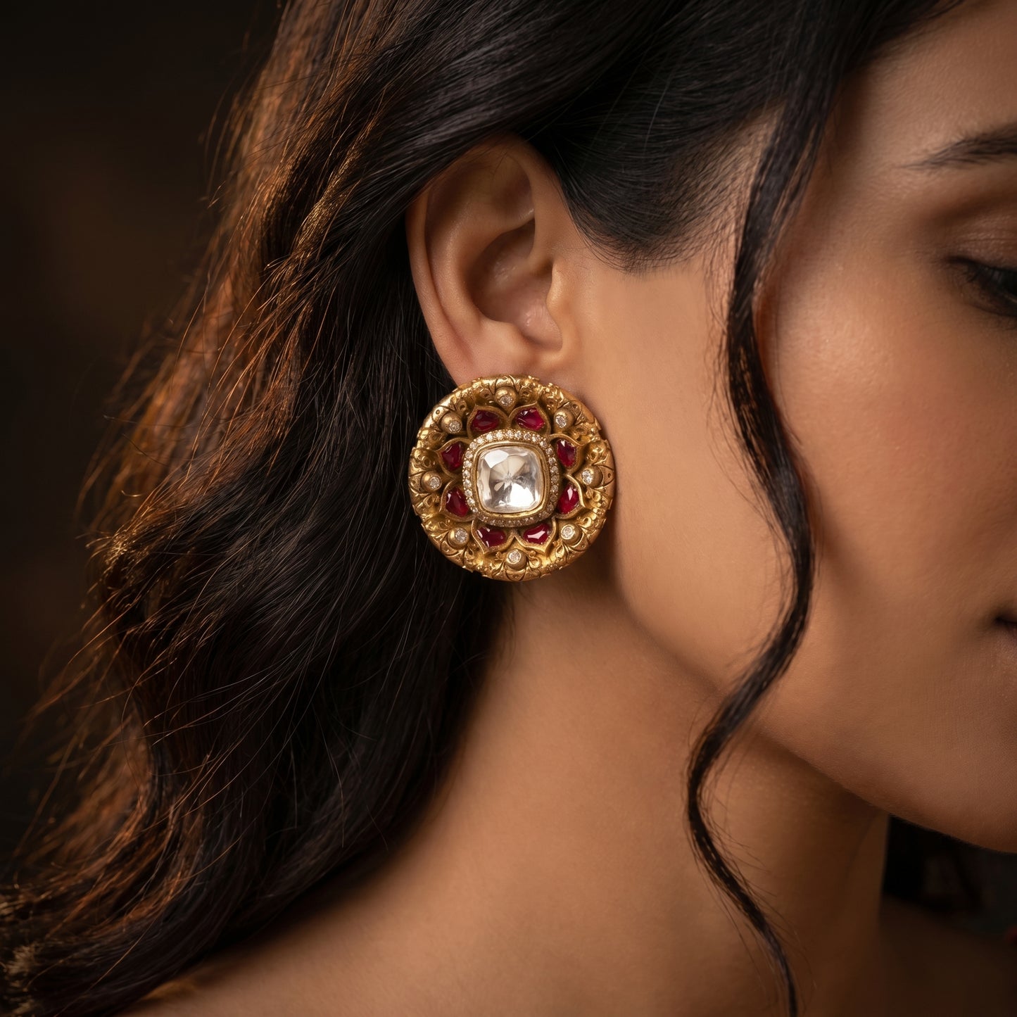 Ruby Polki Lotus Gold Studs