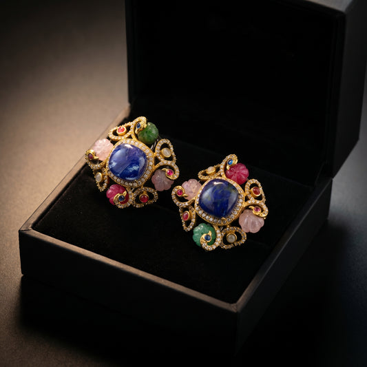 Sapphire Carved Gemstone Gold Studs