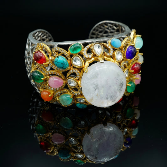 Moonstone Navratan Silver Gold Cuff Bracelet