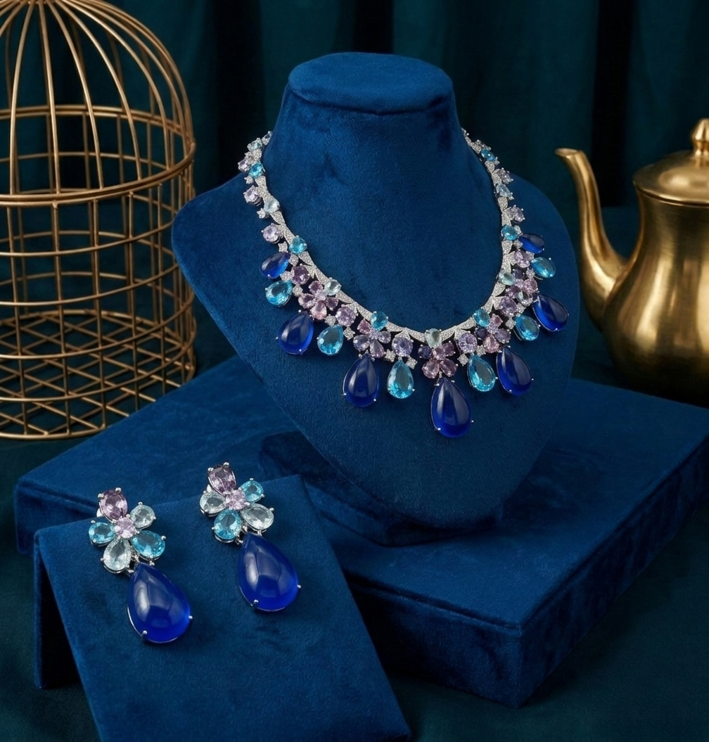 Royal Sapphire Bloom Crystal Necklace & Earrings Set