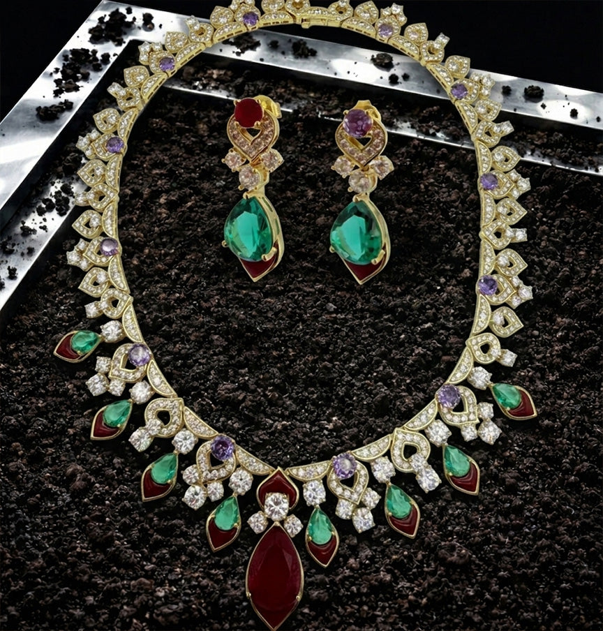 Royal Emerald & Ruby Gold-Plated Luxury Cubic Zirconia Necklace Set