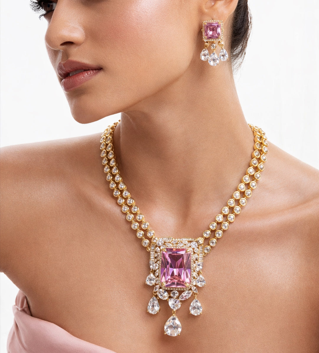 High-end Cubic Zirconia  Regal Pink Crystal Double Strand Necklace & Earrings Set