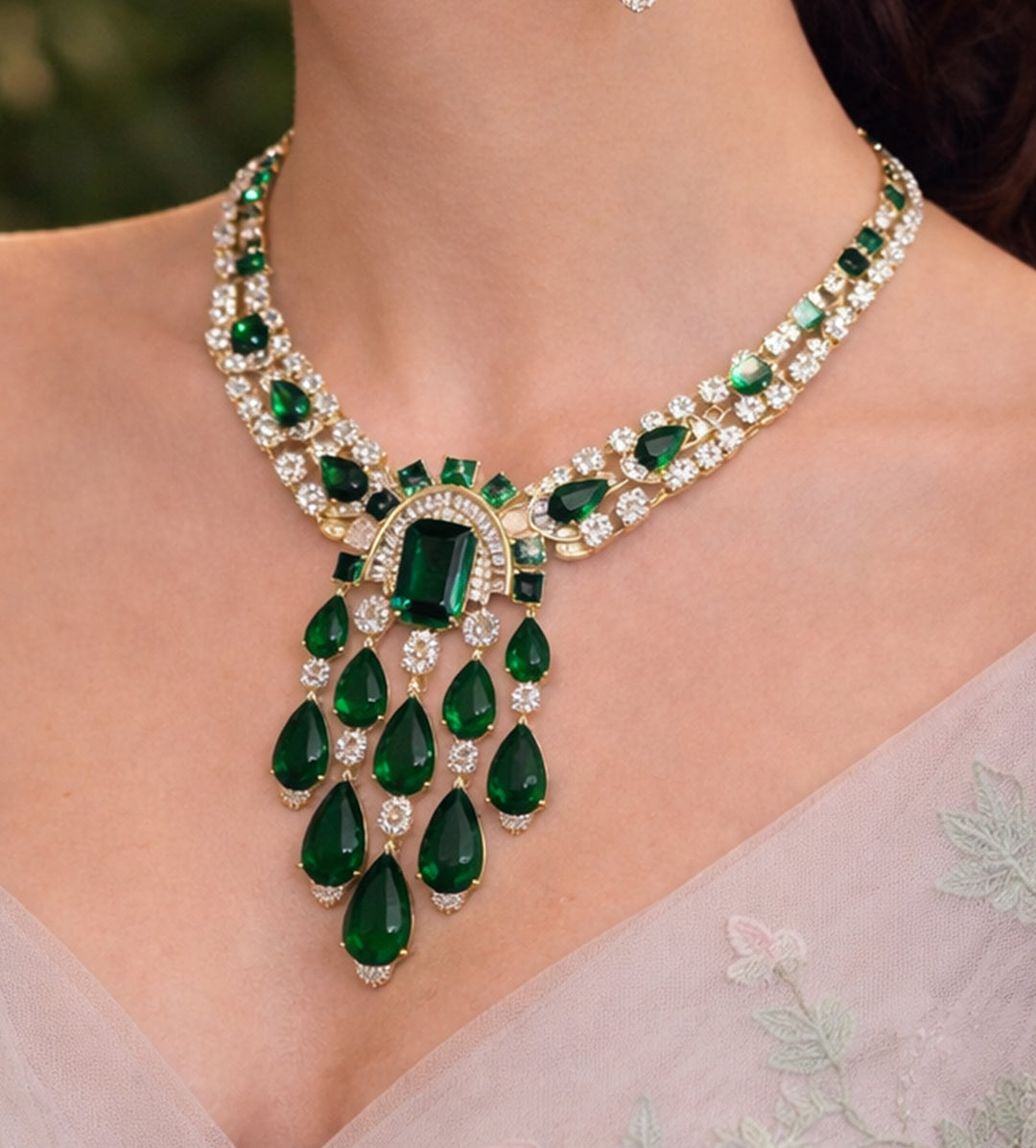 Imperial Emerald Cascade Necklace & Earrings Set