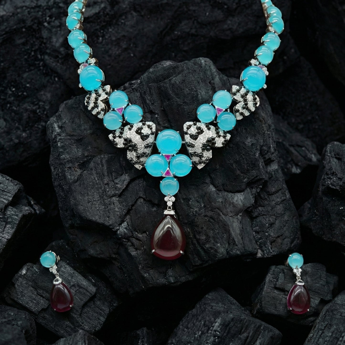 Aqua Chalcedony Ruby Drop Solitaire Set