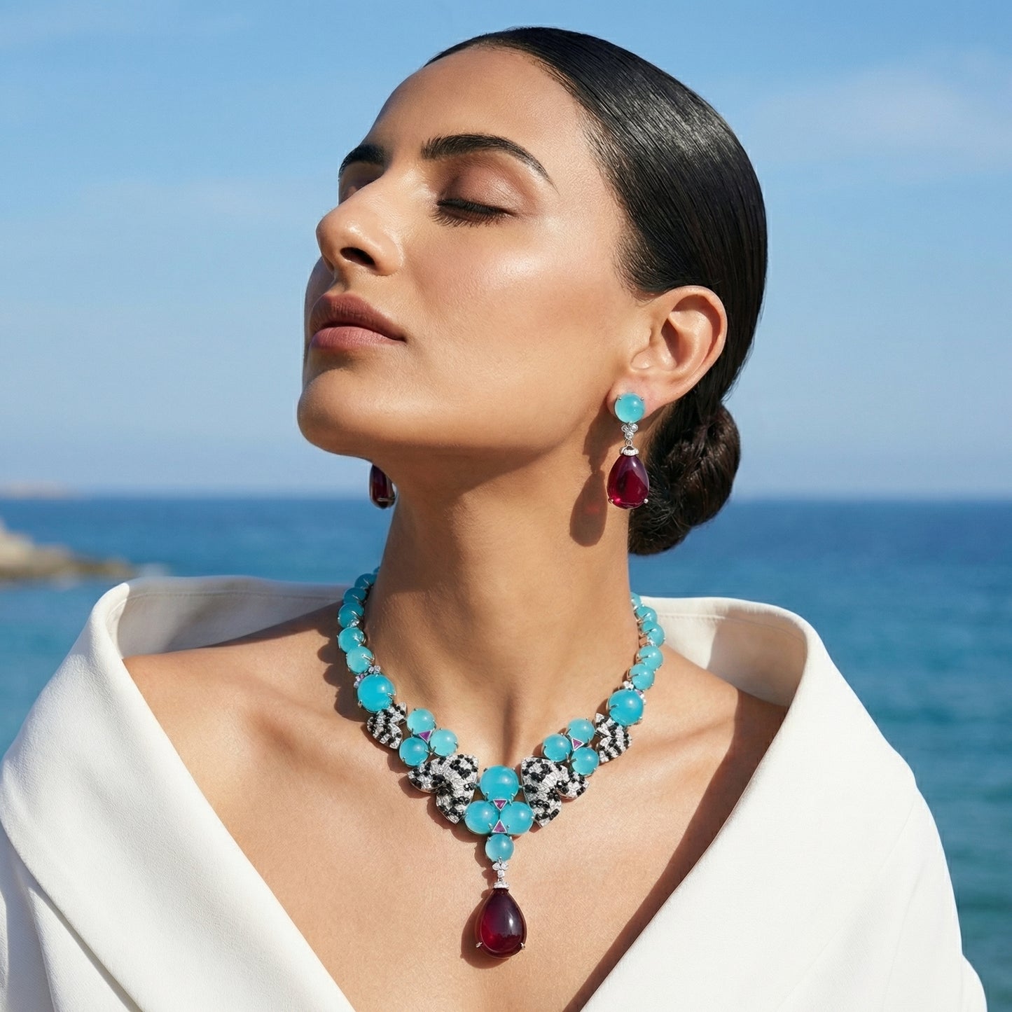 Aqua Chalcedony Ruby Drop Solitaire Set