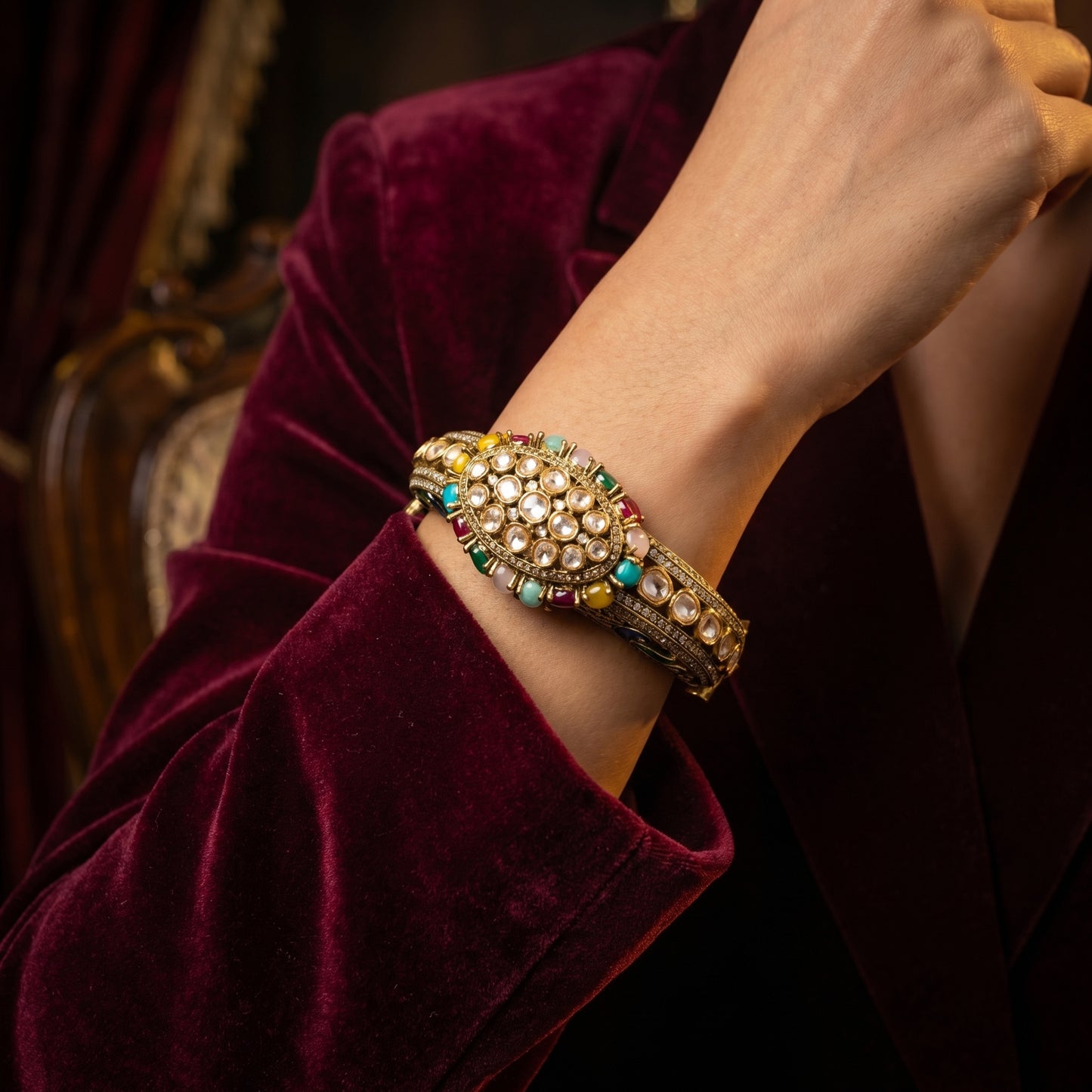 Navratan Peacock Meenakari Gold Bracelet with PEACH centre