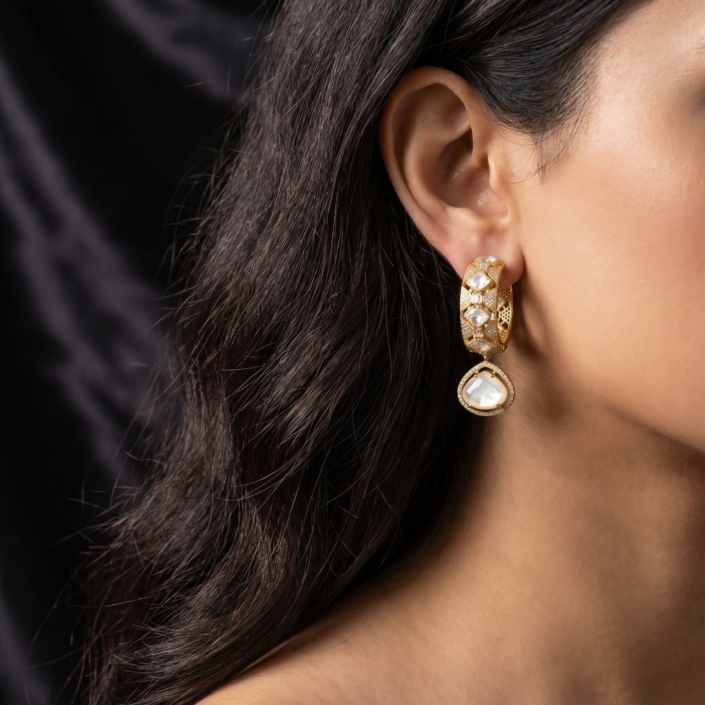Pearl Polki Diamond Hoop Drop Earrings