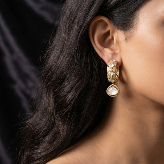 Pearl Polki Diamond Hoop Drop Earrings