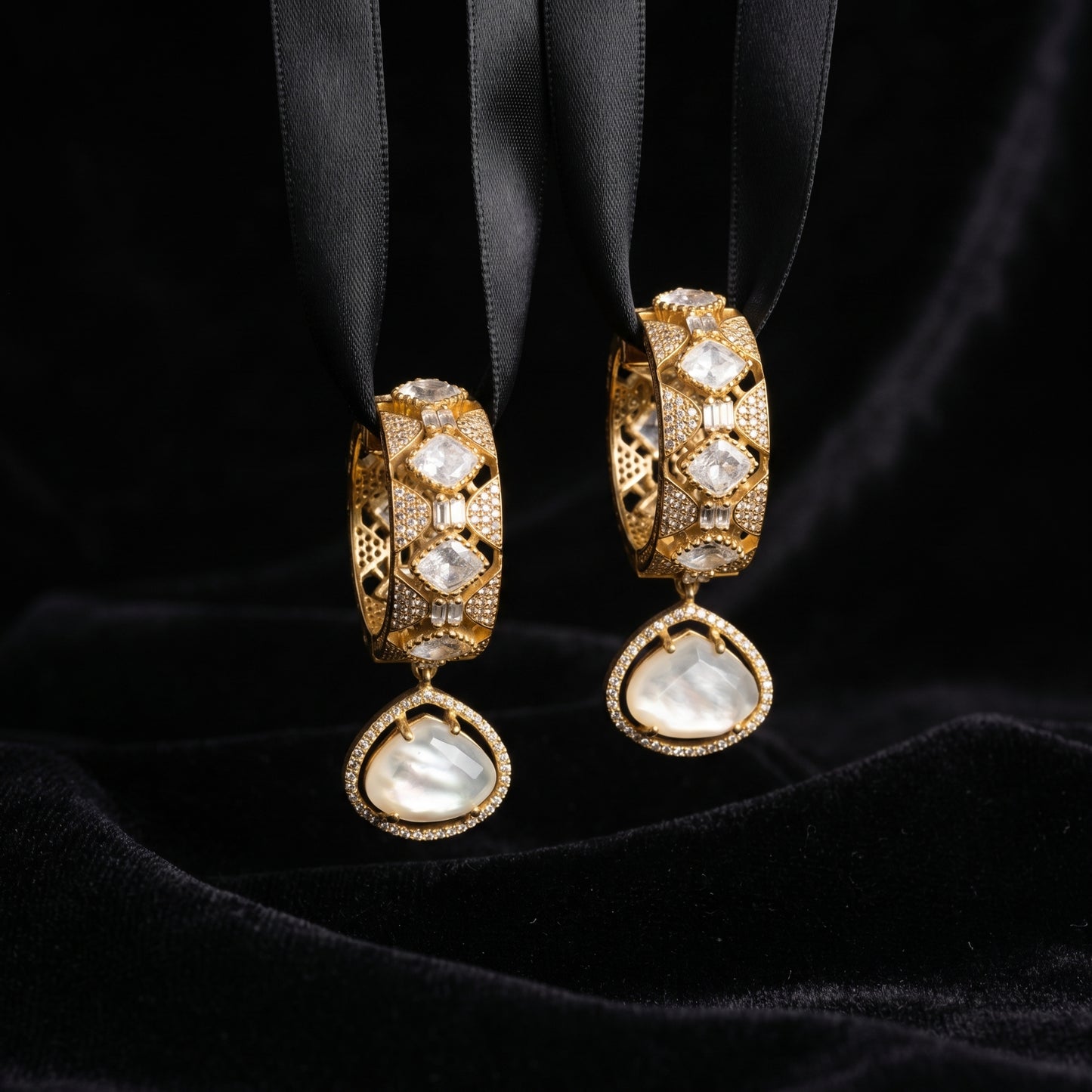 Pearl Polki Diamond Hoop Drop Earrings