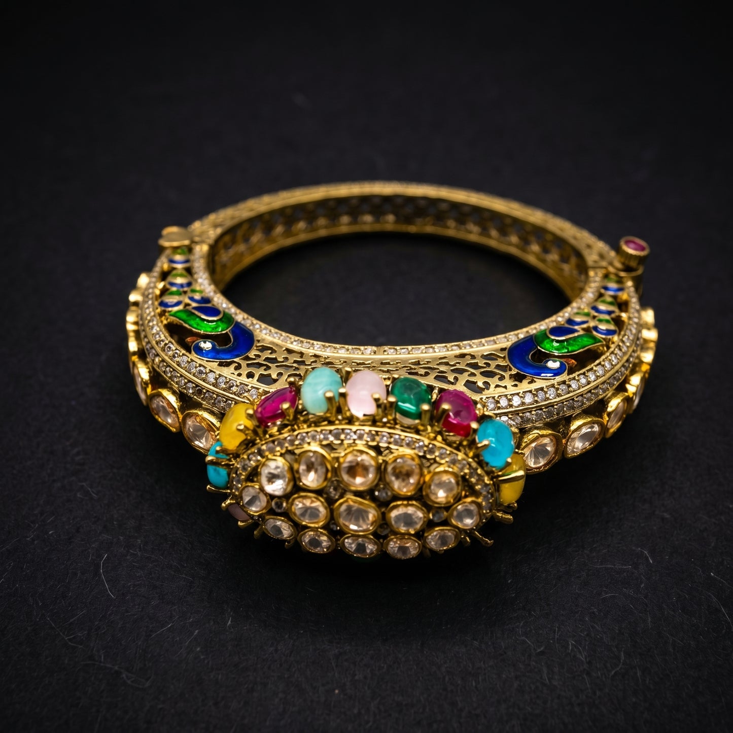 Navratan Peacock Meenakari Gold Bracelet with PEACH centre
