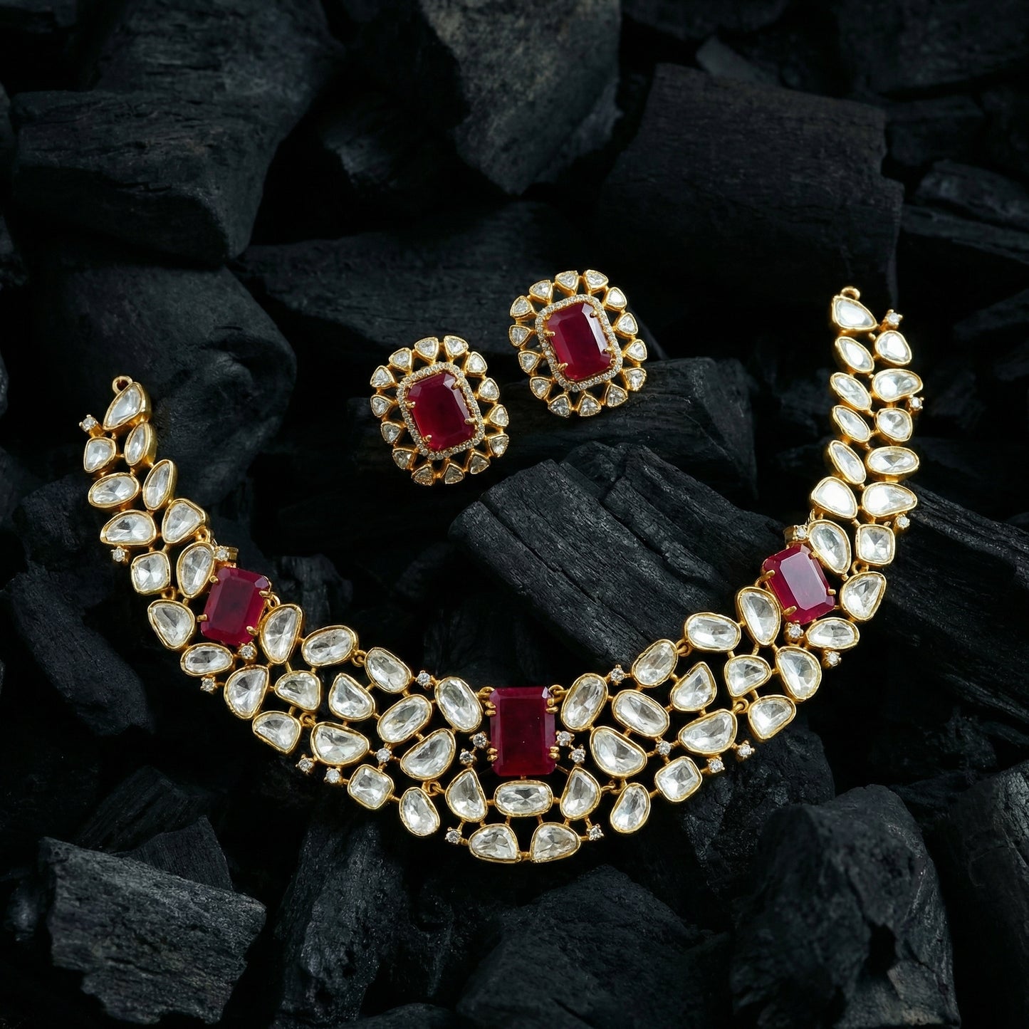 22 C GOLD PLATING Ruby Emerald-Cut Polki Regal Set