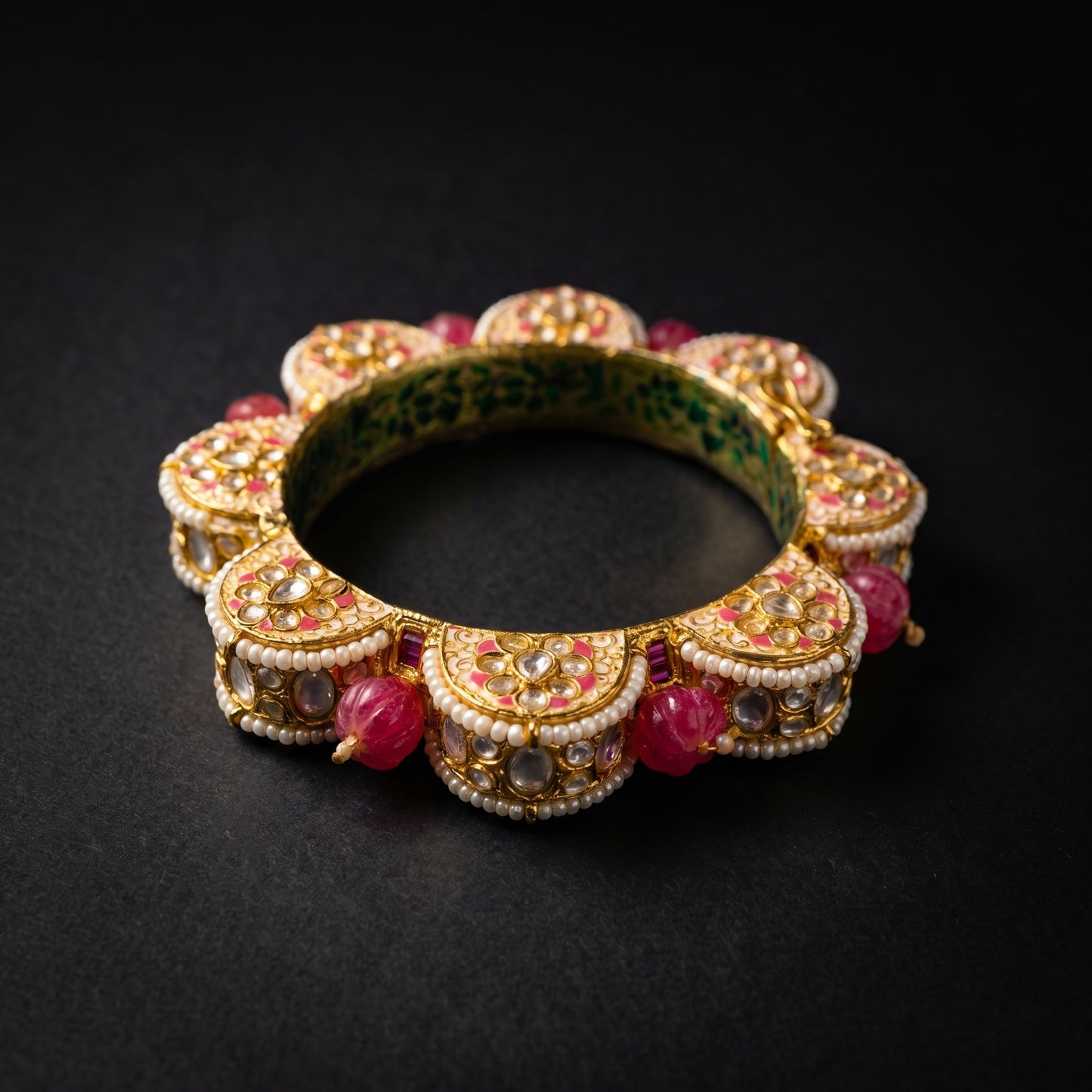 Ruby Polki Pearl Meenakari Gold Bracelet