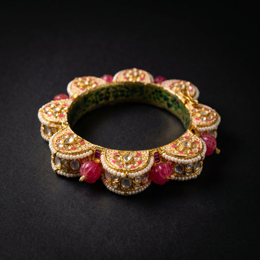 Ruby Polki Pearl Meenakari Gold Bracelet